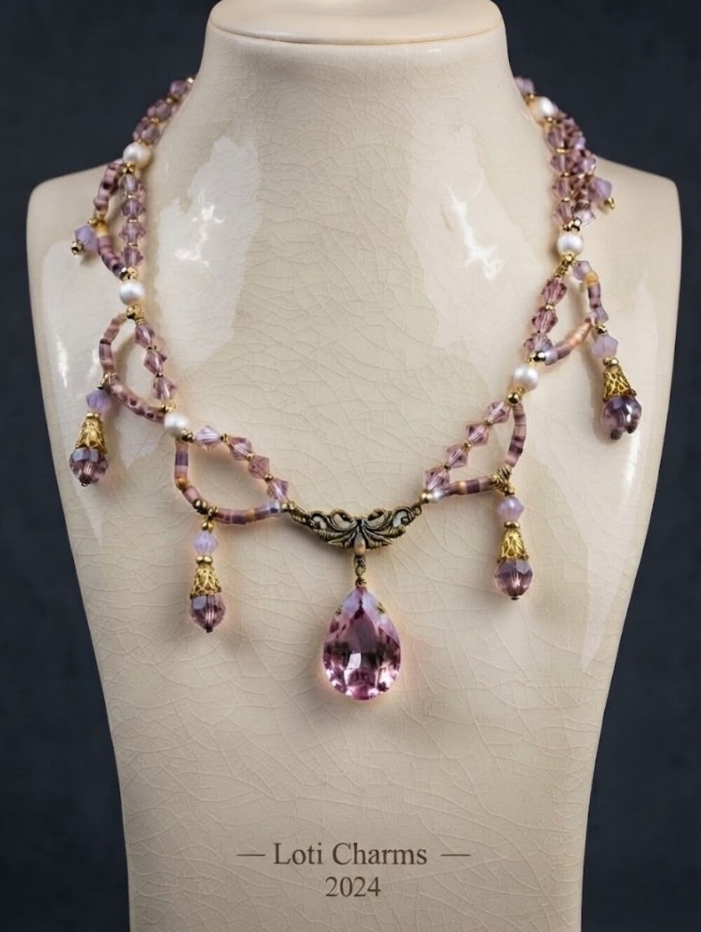 Victorian Sparkling Pink Swarovski Crystals Artisan-Made Necklace & Earrings